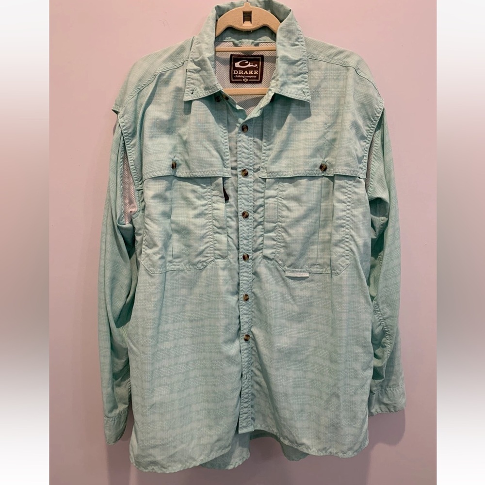 Drake FeatherLite Wingshooter’s Plaid Teal Shirt Long Sleeve Vented Size Medium